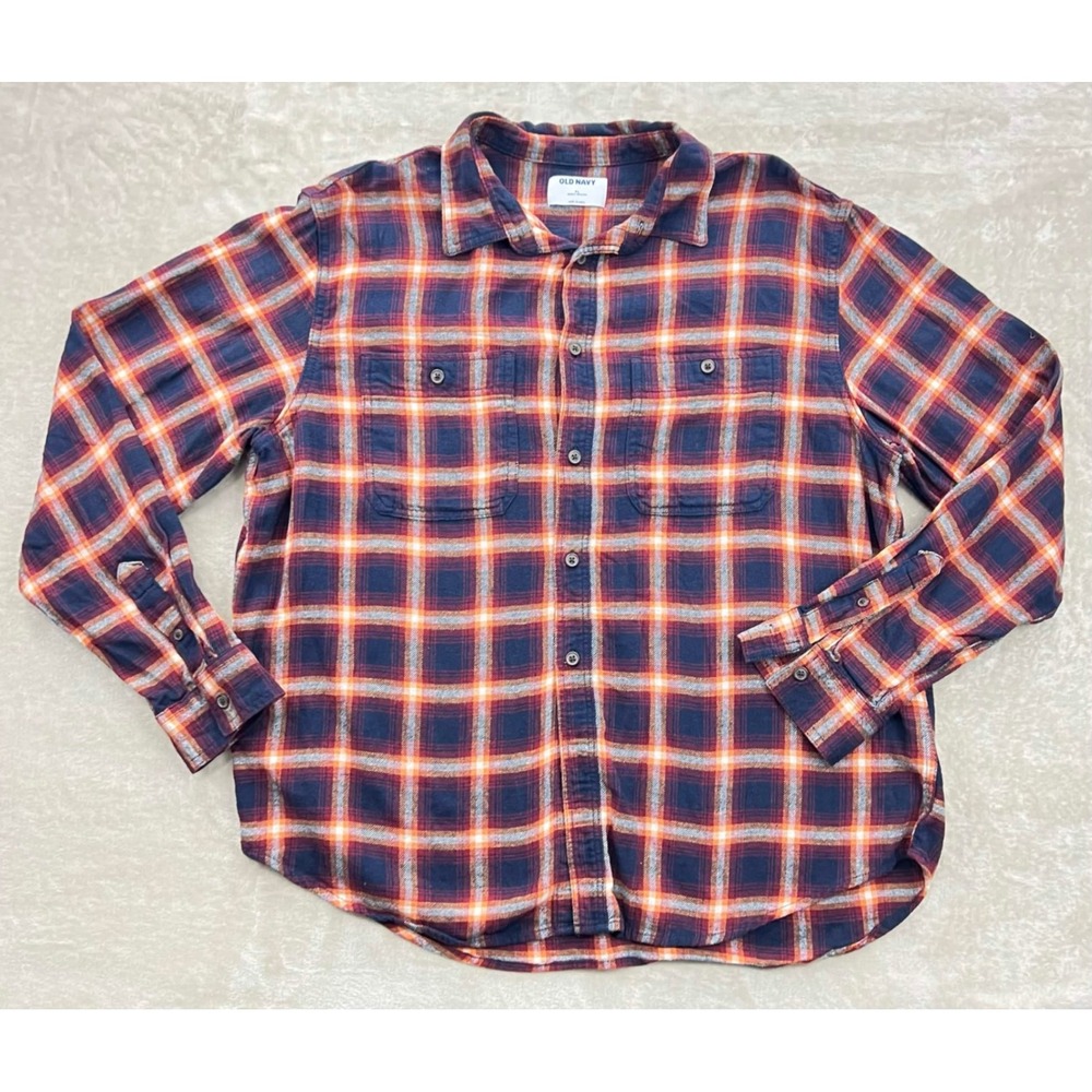EUC Old Navy Mens XL Double Brushed Flannel Shirt Navy Orange Plaid Button Down